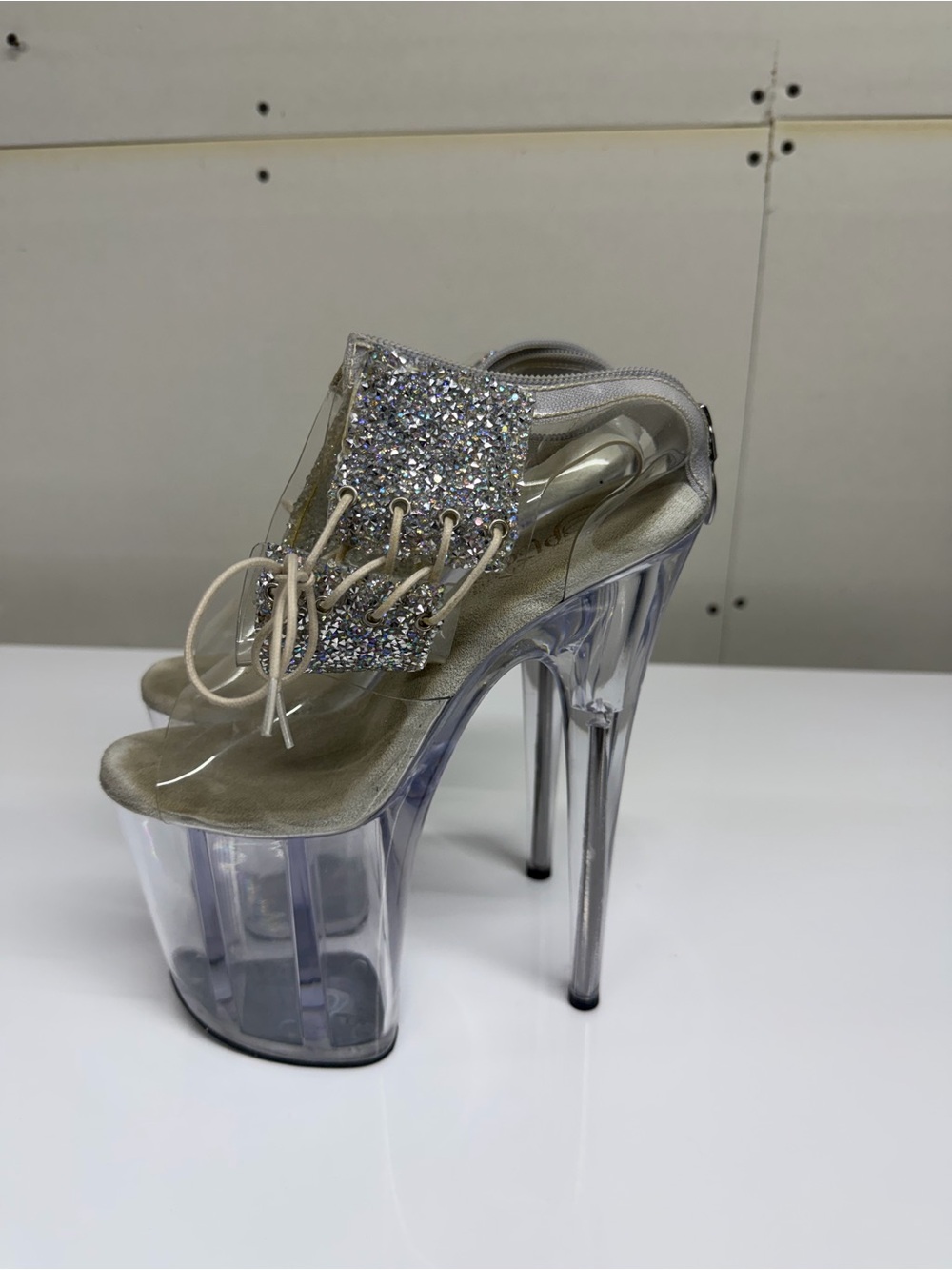 Size 7 Pleaser Clear Platform Stiletto Heels with Silver Glitter Lace Panel